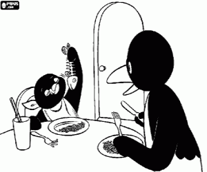 για ζωγραφική Pingu τρώει ένα νόστιμο ψάρι