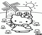 Hello Kitty picks παπαρούνες, ενώ περίπατο παρελθόν έναν ανεμόμυλο στον τομέα