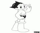 Astro Boy, ο ήρωας ρομπότ κουνώντας το σήμα της νίκης