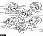 Οι έξι Bubble Guppies με τα κράνη τους να λάβουν μέρος σε Crayon Prix το