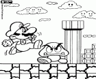Μια σκηνή από ένα Super Mario ηλεκτρονικό παιχνίδι. Ο πρωταγωνιστής είναι ο Mario άλμα πάνω από τον εχθρό Goomba του κάτω από το βλέμμα χαμογελαστό σύννεφα