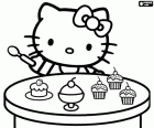 Hello Kitty με ένα κουτάλι στο χέρι του είναι έτοιμο να φάει κάποια νόστιμα cupcakes. Hello Kitty αγαπά γλυκά, είναι πολύ άπληστοι