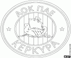 Το λογότυπο του Α.Ο.Κ. Κέρκυρα, Αθλητικός Όμιλος Κασσιόπη ΠΑΕ Κέρκυρα, ποδοσφαιρική ομάδα με έδρα την Κέρκυρα, Κέρκυρα στα Ελληνικά, η πόλη και η πρωτεύουσα της το δεύτερο μεγαλύτερο νησί στο Ιόνιο Πέλαγος, τα νησιά του Ιονίου. Κέρκυρα βρίσκεται μπροστά από τη βορειοδυτική ακτή της Ελλάδας