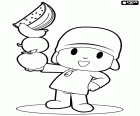 Pocoyo με φρούτα στο χέρι του. Pocoyo αγαπά φρούτο το οποίο είναι μια τροφή που παρέχει πολλές βιταμίνες