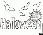 Μια πινακίδα για το πάρτι του Halloween με τις σιλουέτες μερικών νυχτερίδων που πετούν