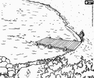 για ζωγραφική Στην ακτή της λίμνης με μια αποβάθρα