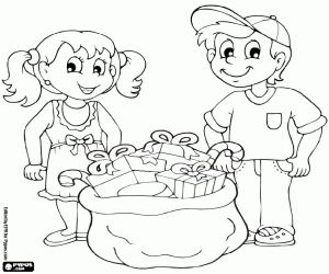 για ζωγραφική Τα παιδιά και τα χριστουγεννιάτικα δώρα σάκο